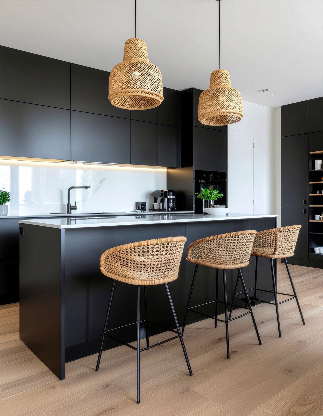 Rattan And Sleek Kitchen Surfaces - 30 kitchen material mixing ideas