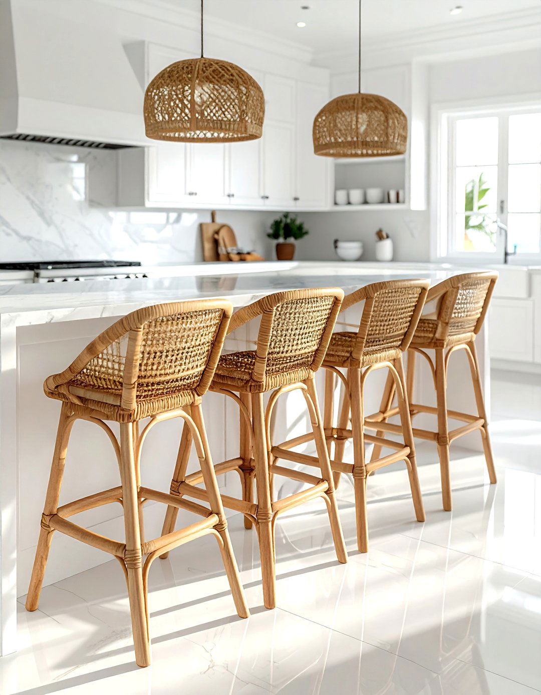 Rattan Bar Stools - 30 coastal cottage kitchen ideas