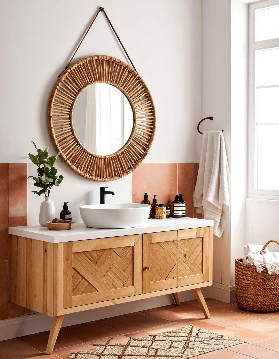 Rattan Bathroom Mirror - 30 earthy bathroom ideas