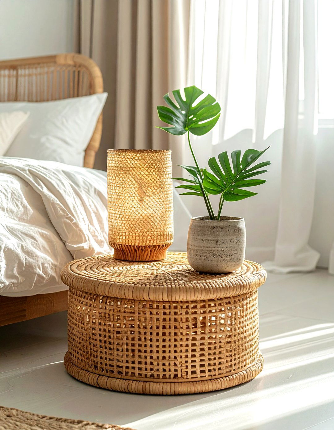 Rattan Bedside Table - 30 thrifted bedroom ideas