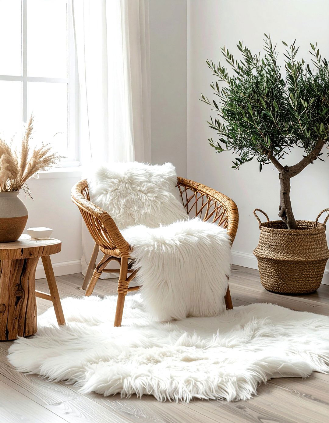 Rattan Chair With Sheepskin Throw - 30 mixed texture decor ideas