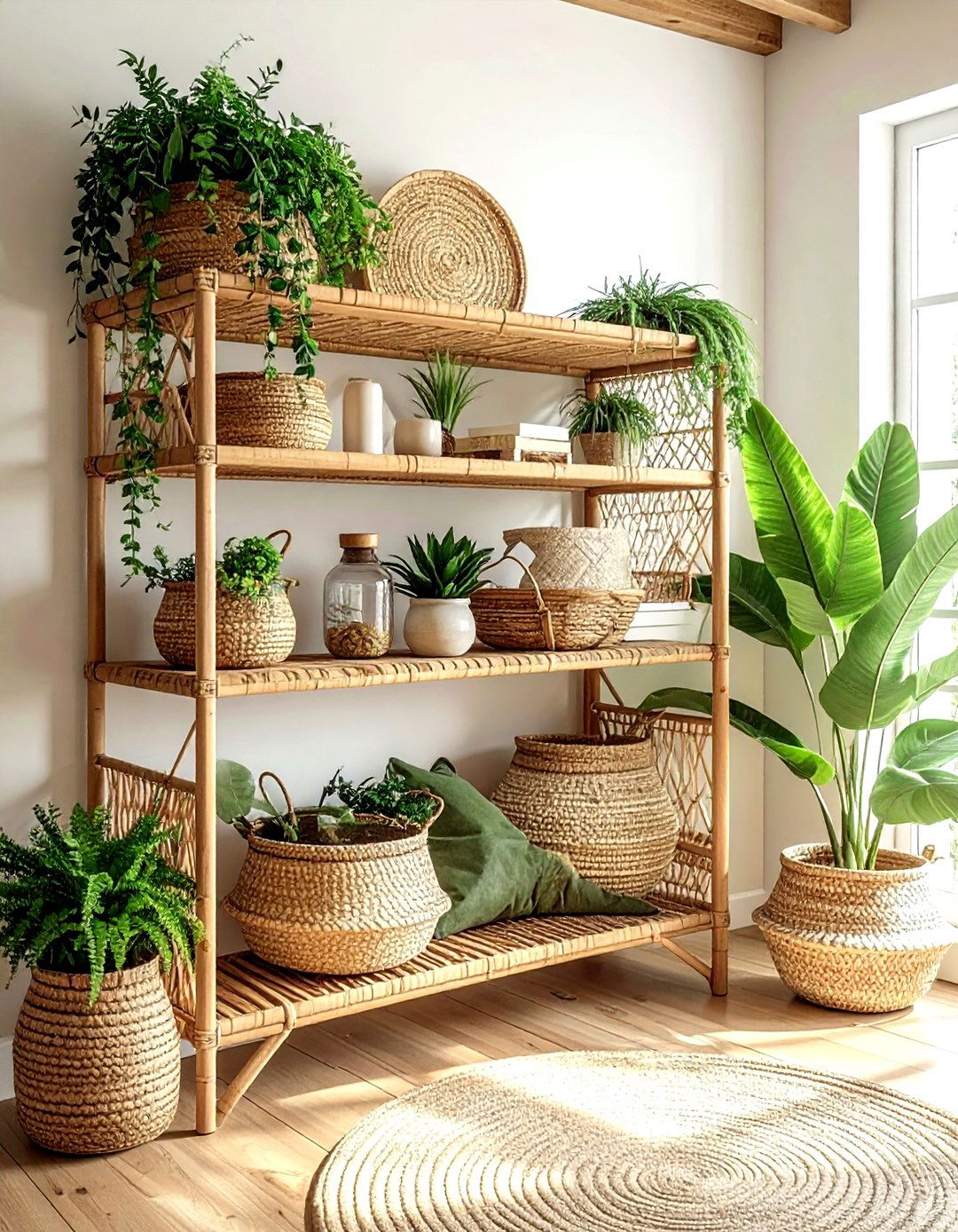 Rattan Corner Shelf - 30 living room corner shelving ideas