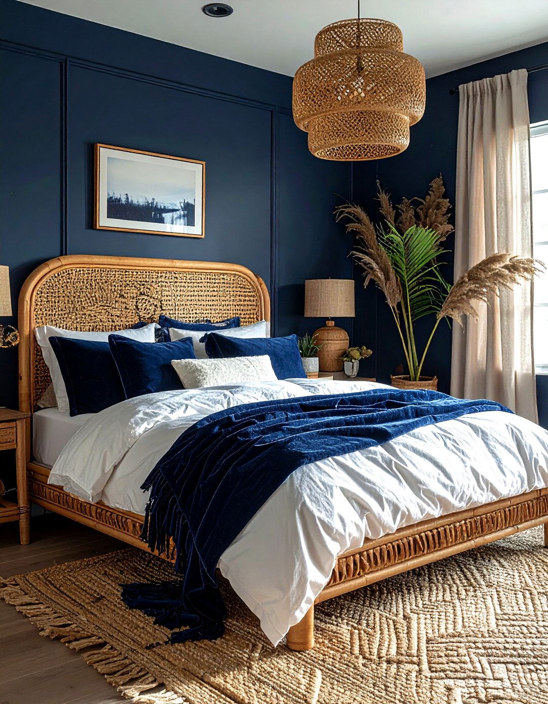 Rattan Headboard Navy Bedroom - 30 bohemian navy bedroom ideas