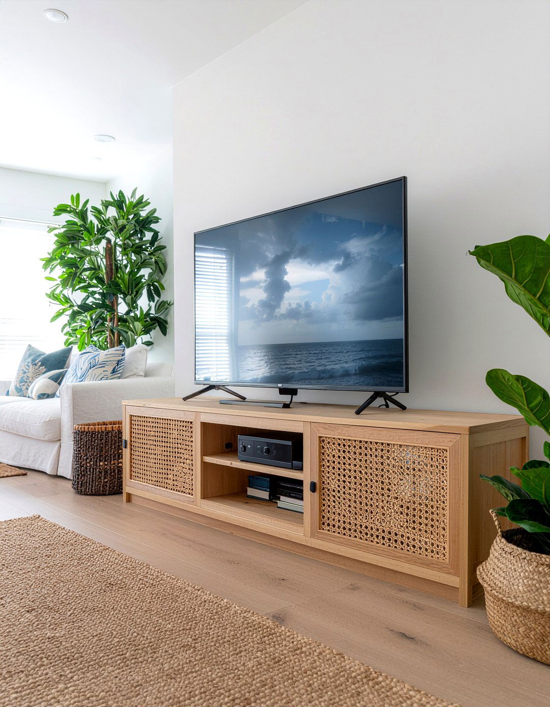 Rattan Inlay Media Console - 30 living room entertainment center ideas