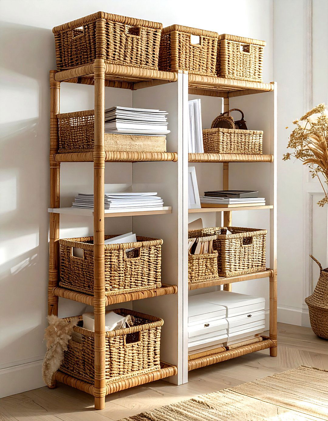 Rattan Shelf Storage Bin - 30 living room storage basket ideas