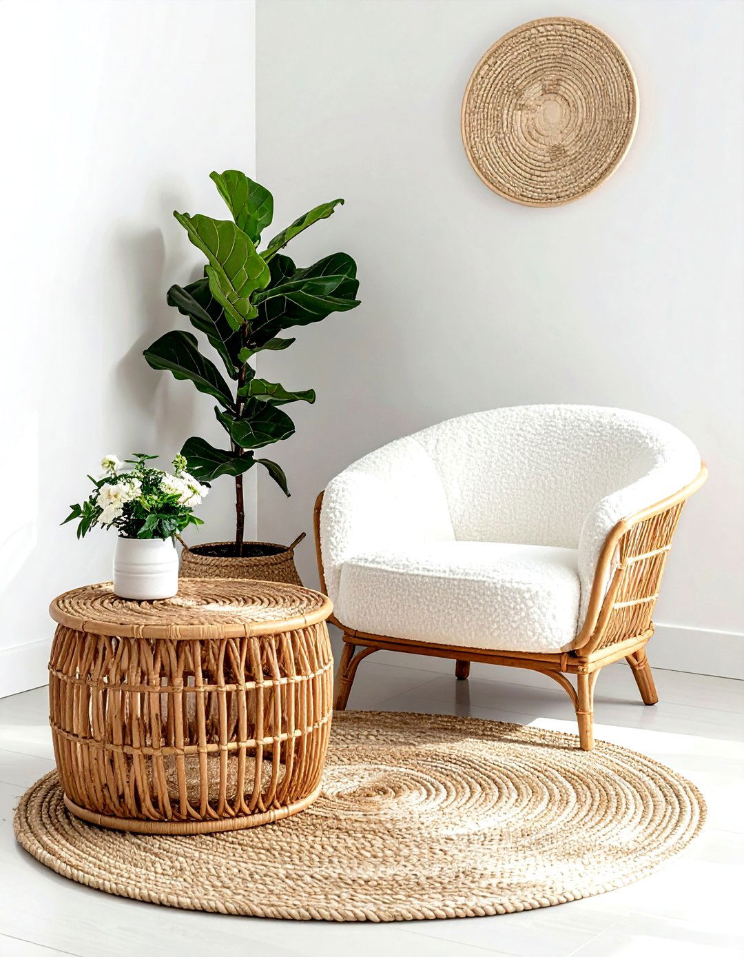Rattan and boucle nook - 30 decor texture mixing ideas