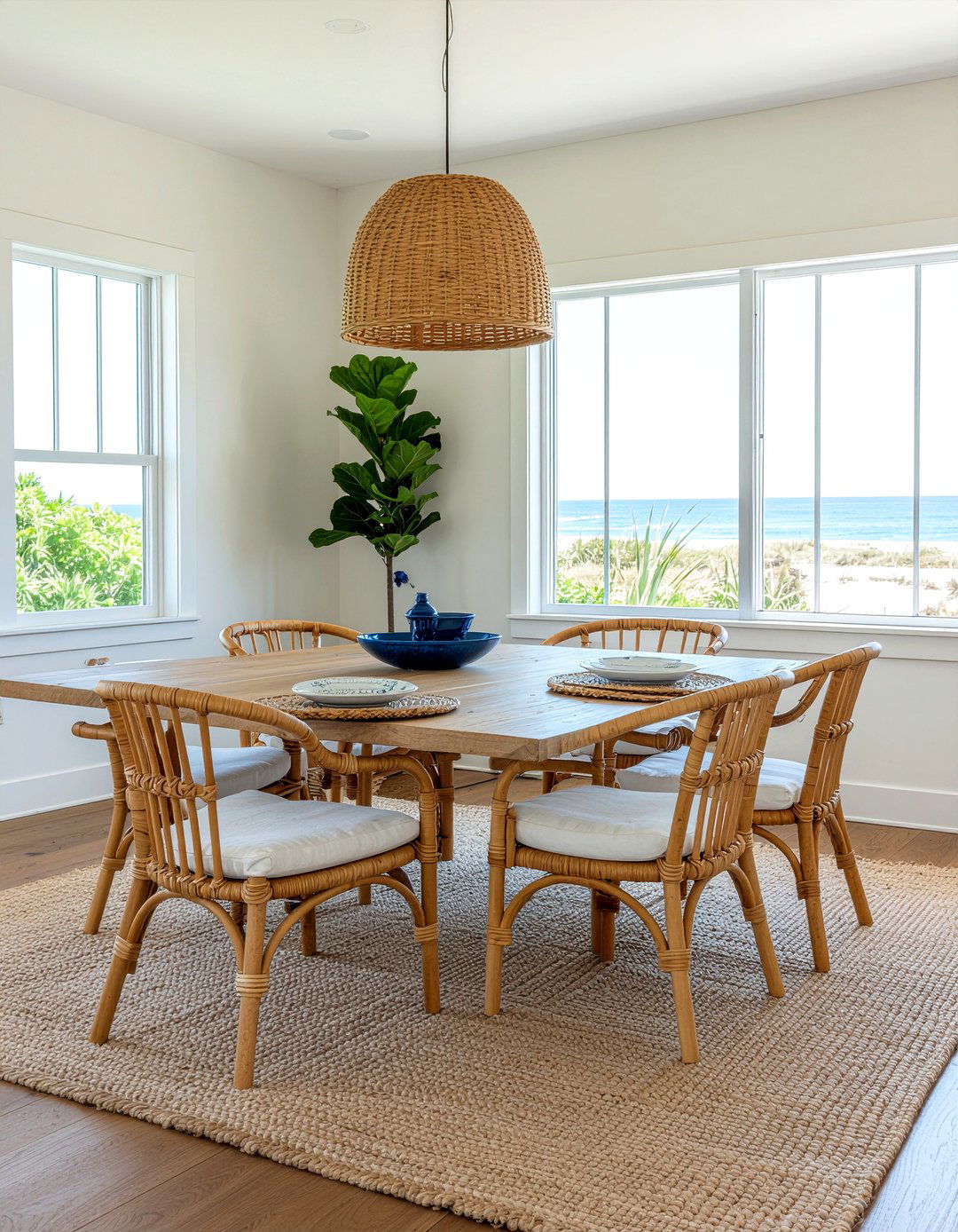 Rattan and linen dining chairs - 30 dining room material mixing ideas