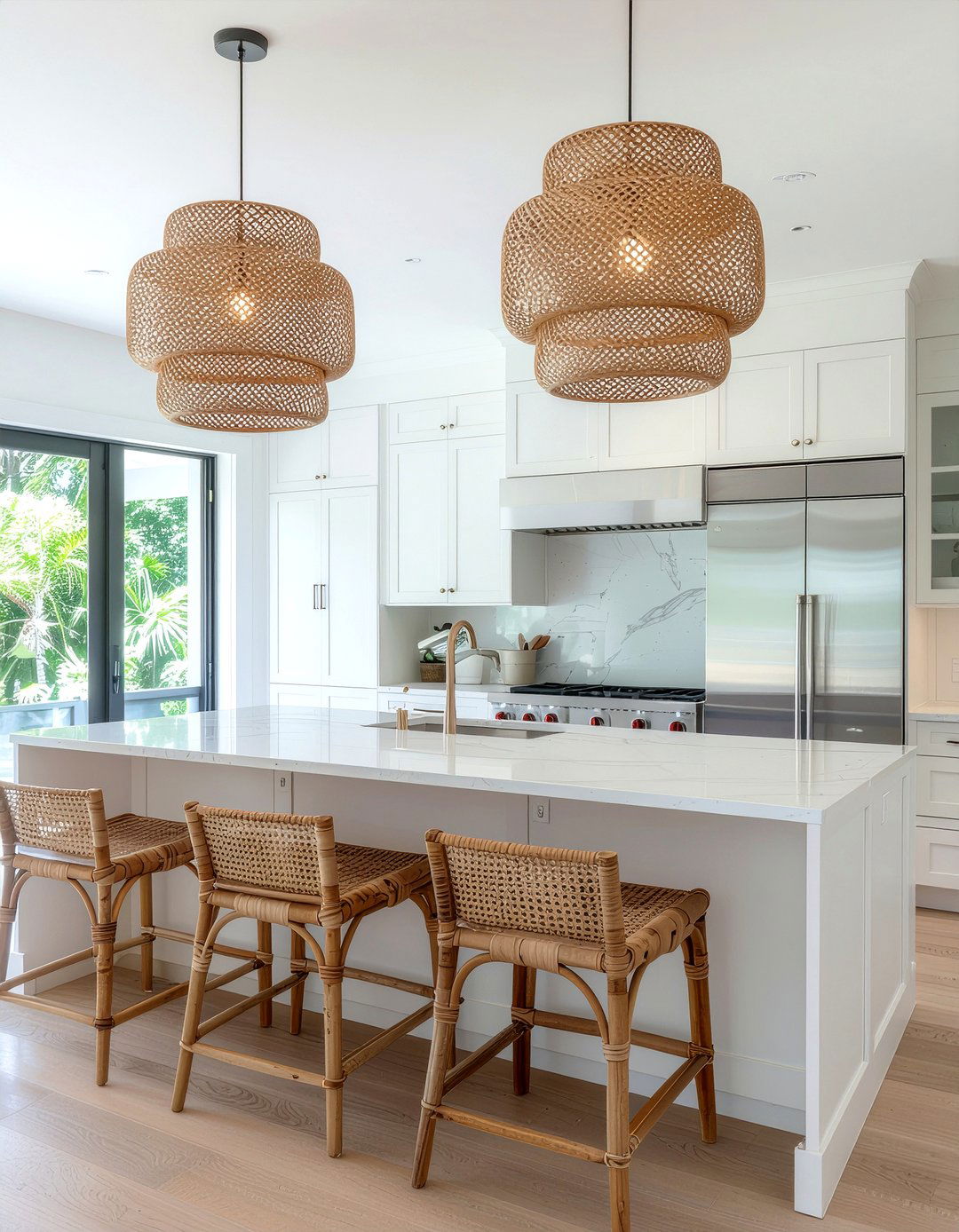 Rattan and white kitchen - 30 mixed material kitchen ideas