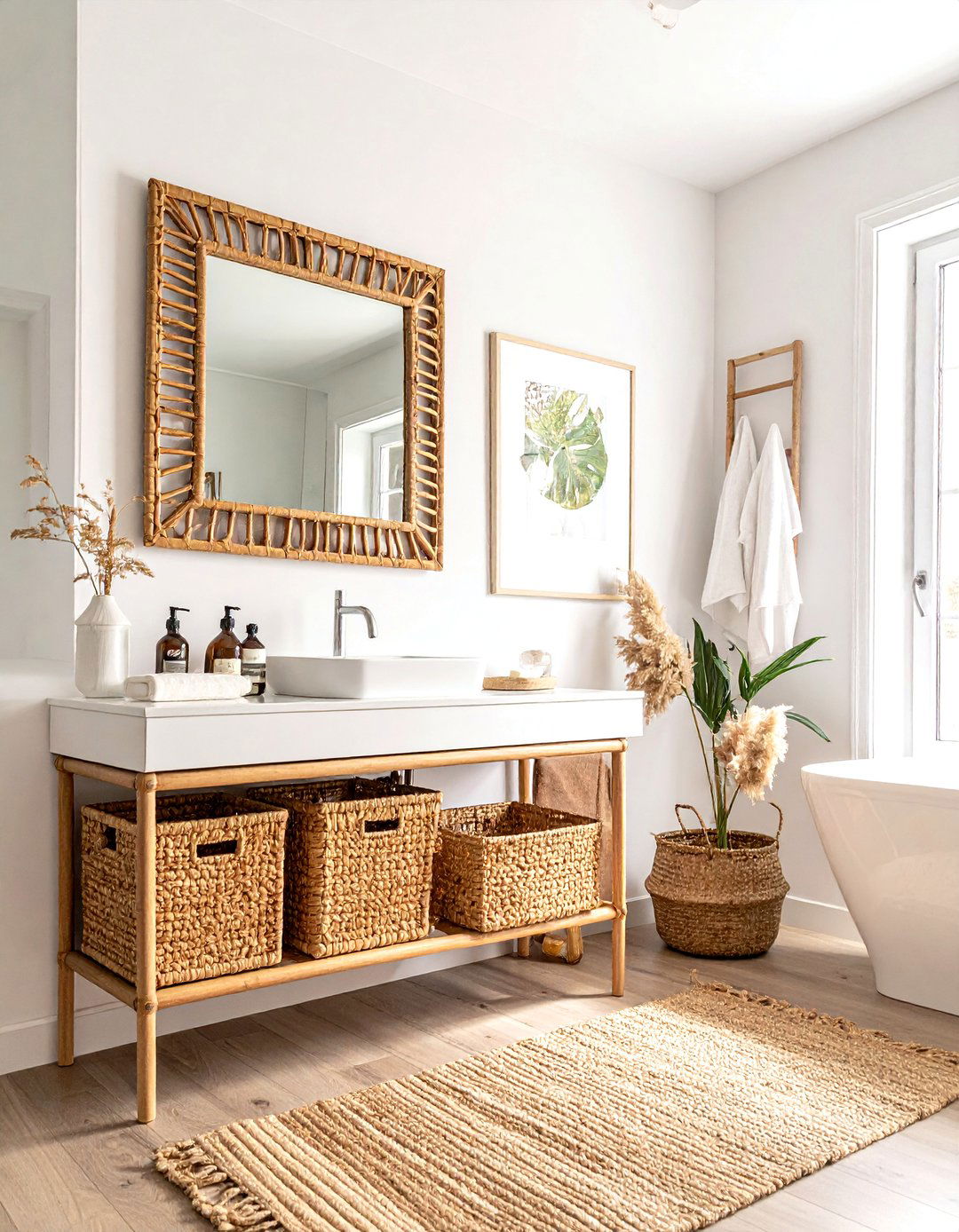 Rattan bathroom storage - 30 earthy tone bathroom ideas