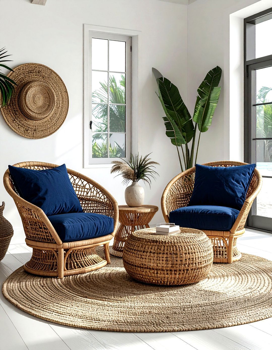 Rattan chairs - 30 coastal navy living room ideas