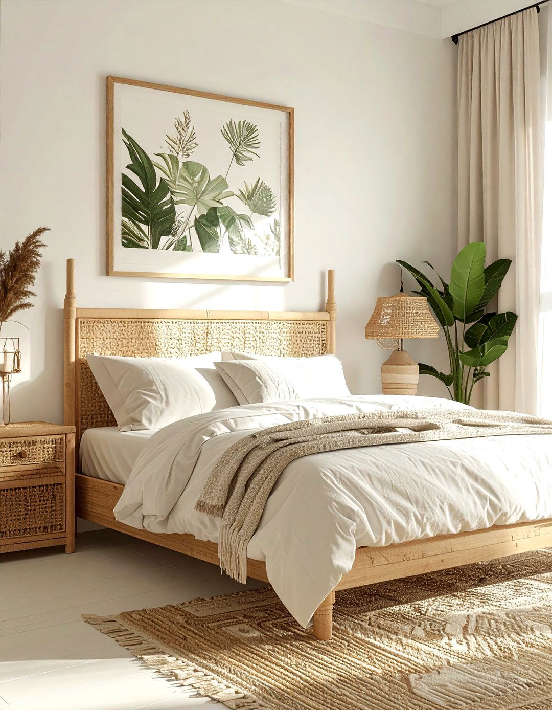 Rattan headboard - 30 bohemian cream bedroom ideas