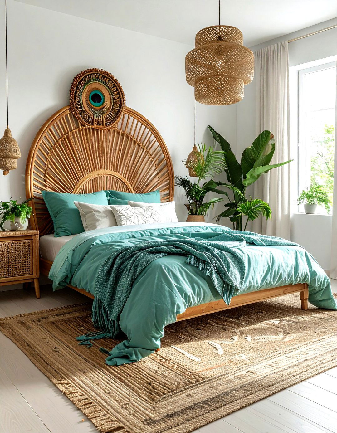 Rattan headboard boho bedroom - 30 bohemian teal bedroom ideas