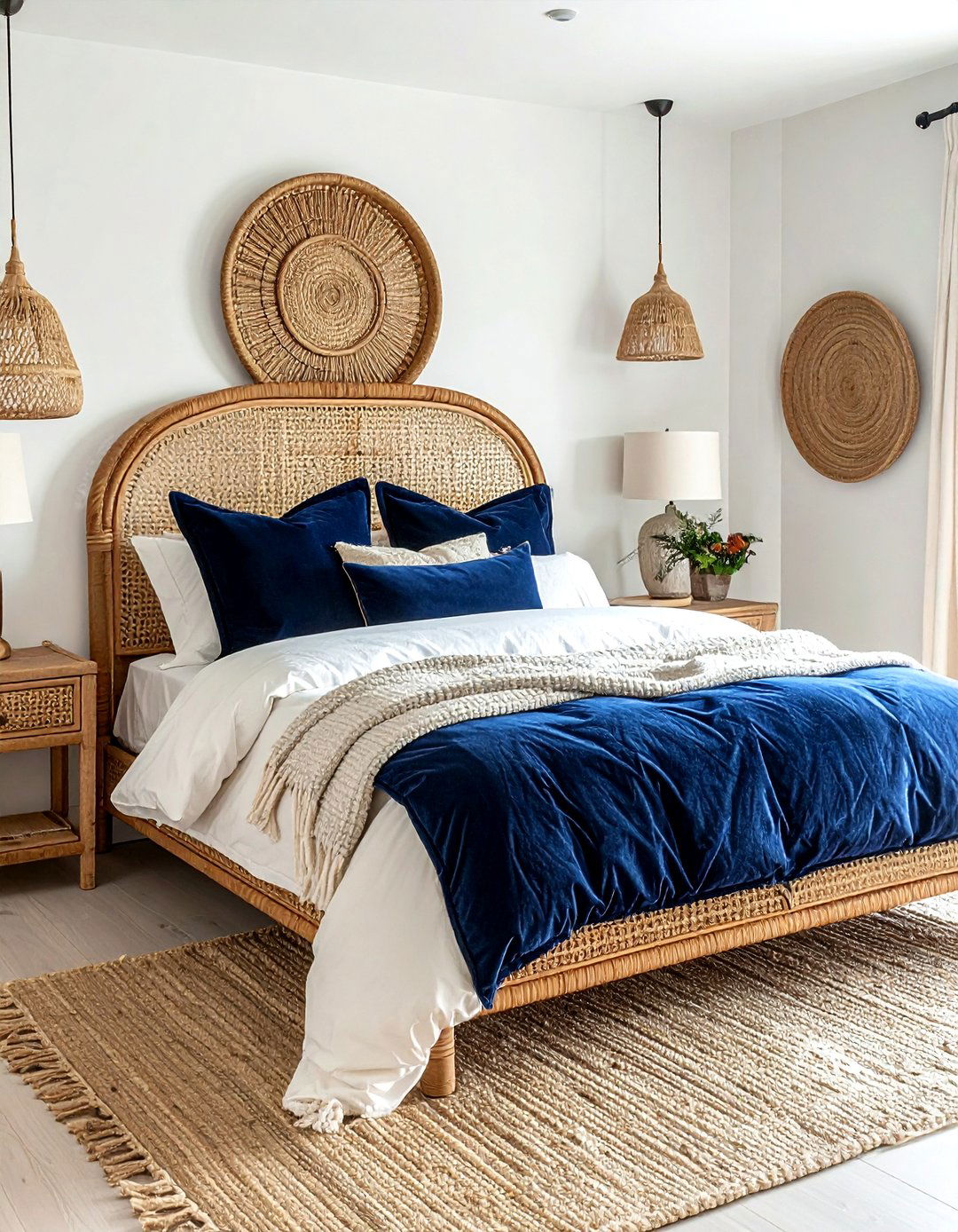 Rattan headboard navy pillows - 30 coastal navy bedroom ideas