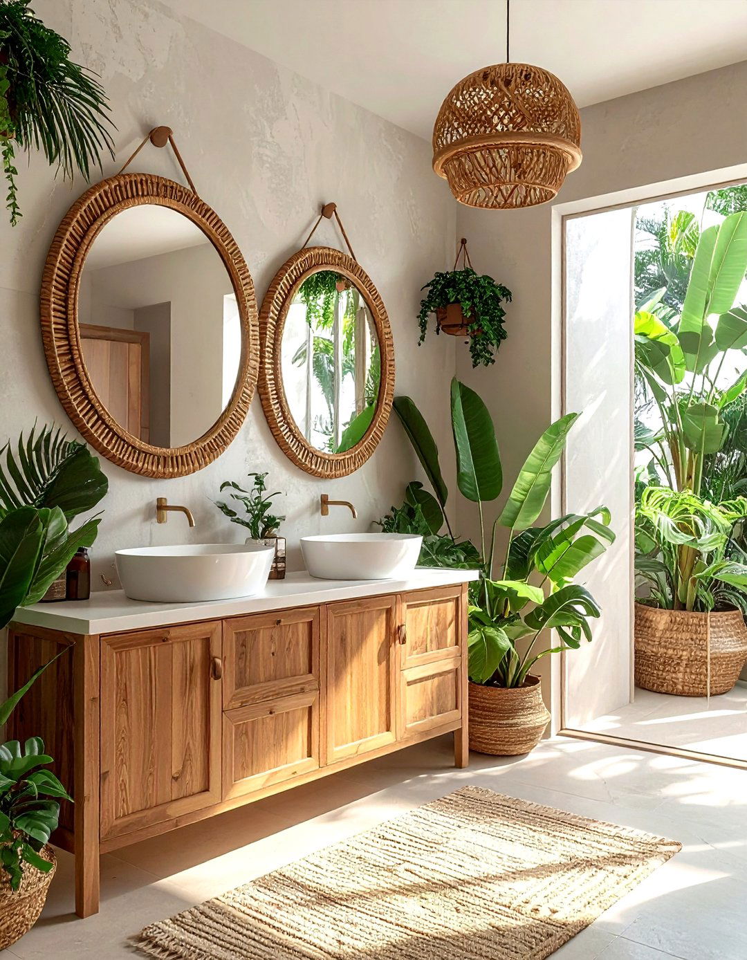 Rattan mirrors - 30 beach house bathroom ideas
