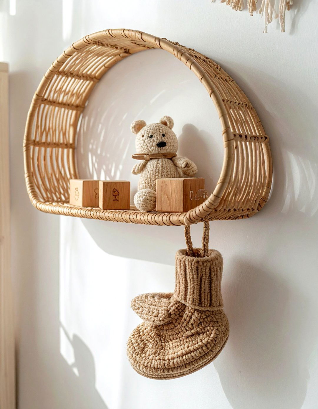 Rattan nursery wall shelf - 30 nursery shelf ideas