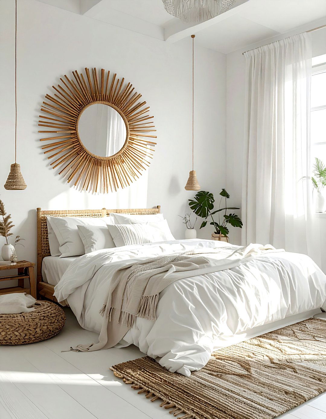 Rattan sunburst mirror - 30 bohemian white bedroom ideas