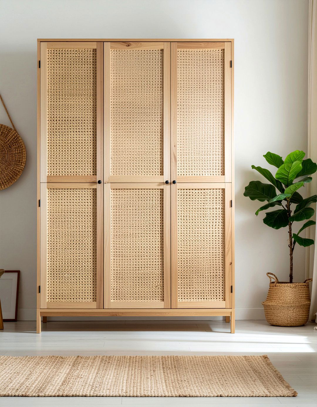 Rattan wardrobe - 30 warm minimalist bedroom ideas