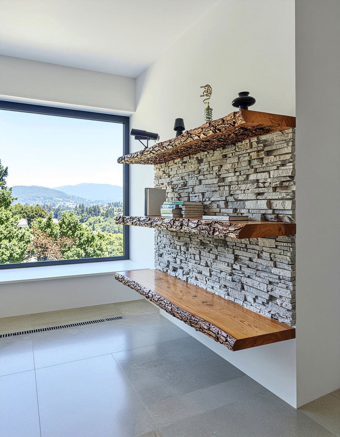 Raw Edge Wood Shelf Living Room - 30 cozy texture living room ideas