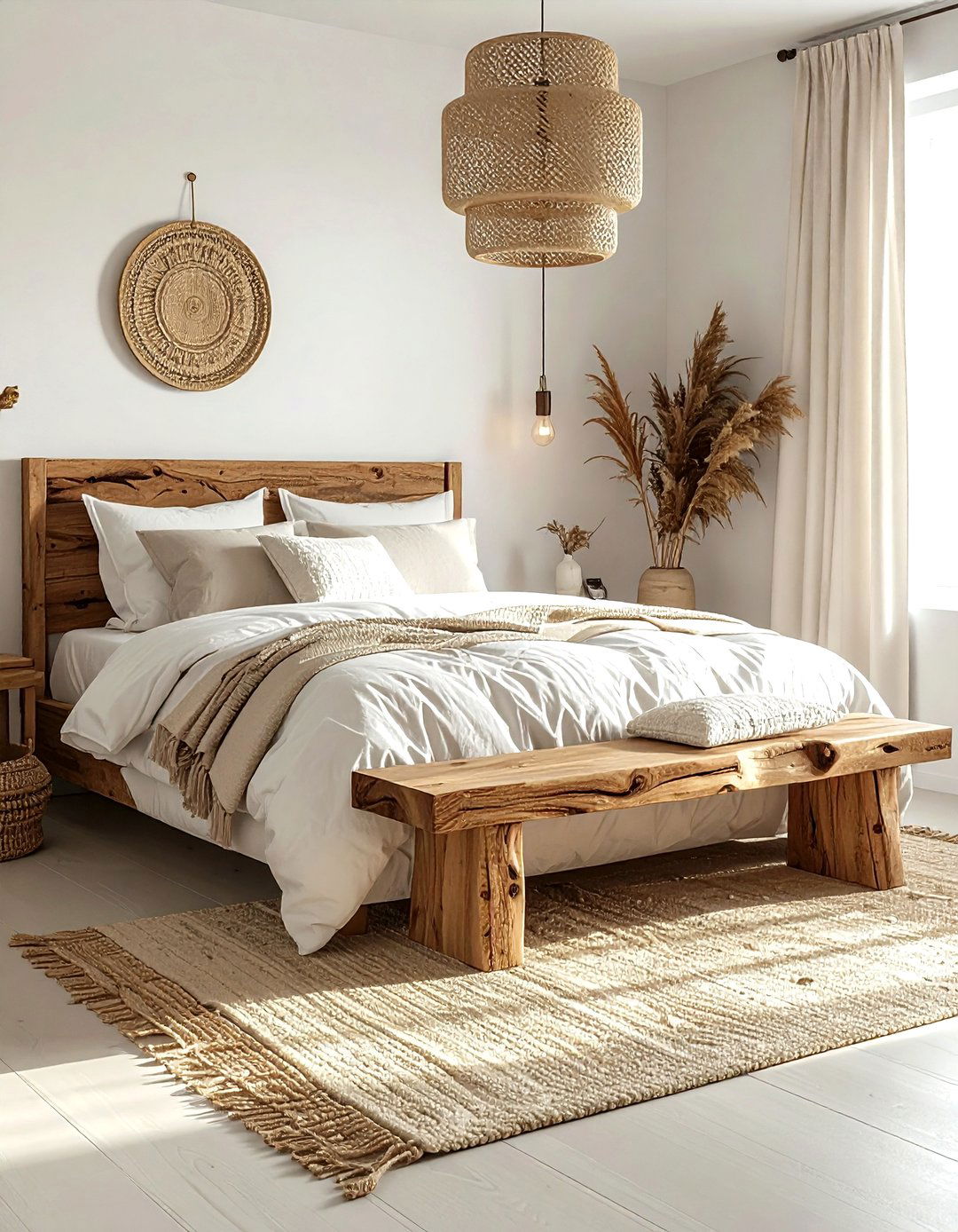 Raw wood bench - 30 bohemian cream bedroom ideas