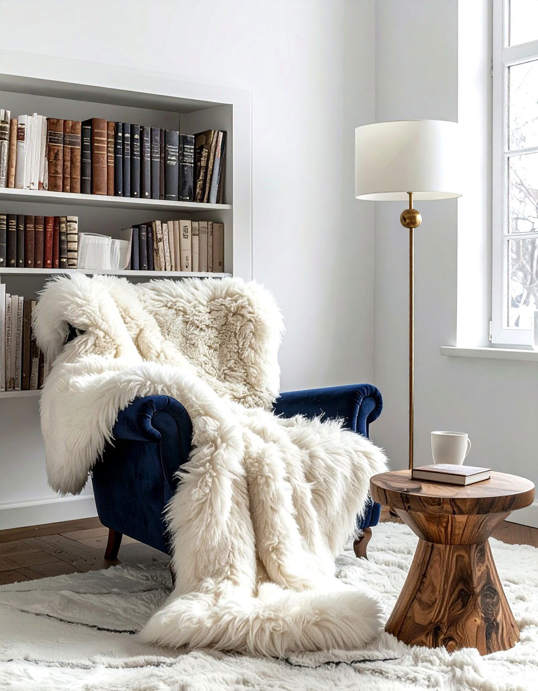 Reading nook with sheepskin rug chair - 30 sheepskin rug ideas