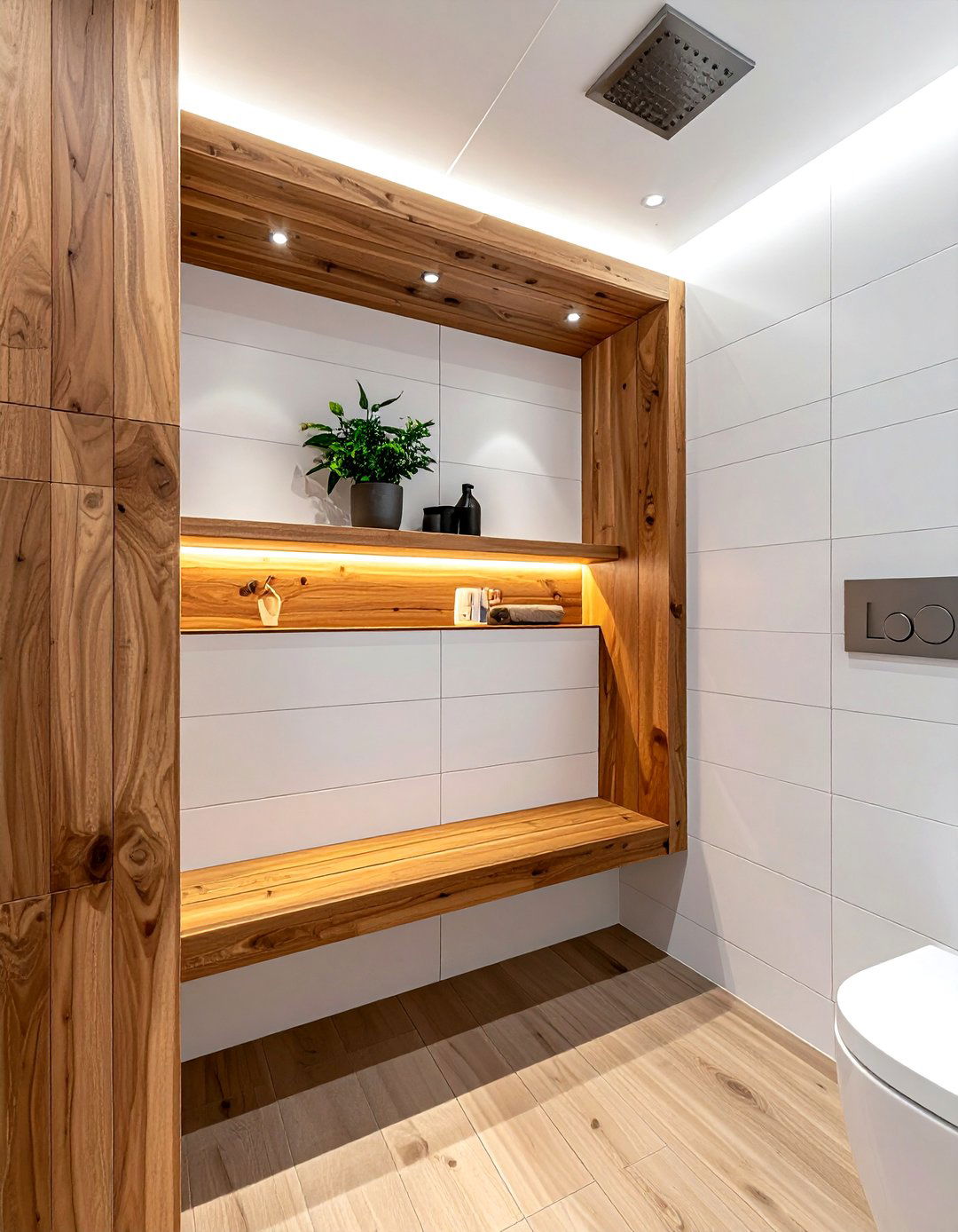 Recessed Wood Wall Niche - 30 wood bathroom ideas