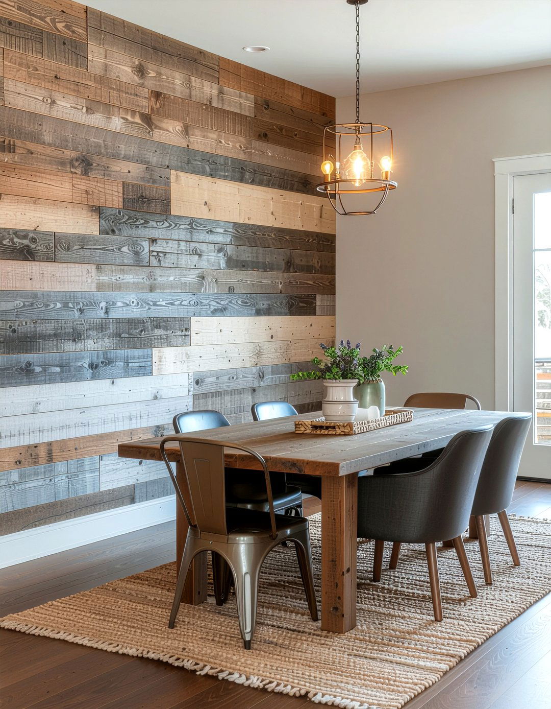 Reclaimed Wood Accent Wall - 30 farmhouse dining room ideas