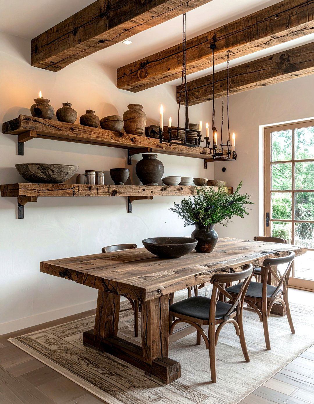Reclaimed Wood Beam Shelves - 30 dining room shelving ideas