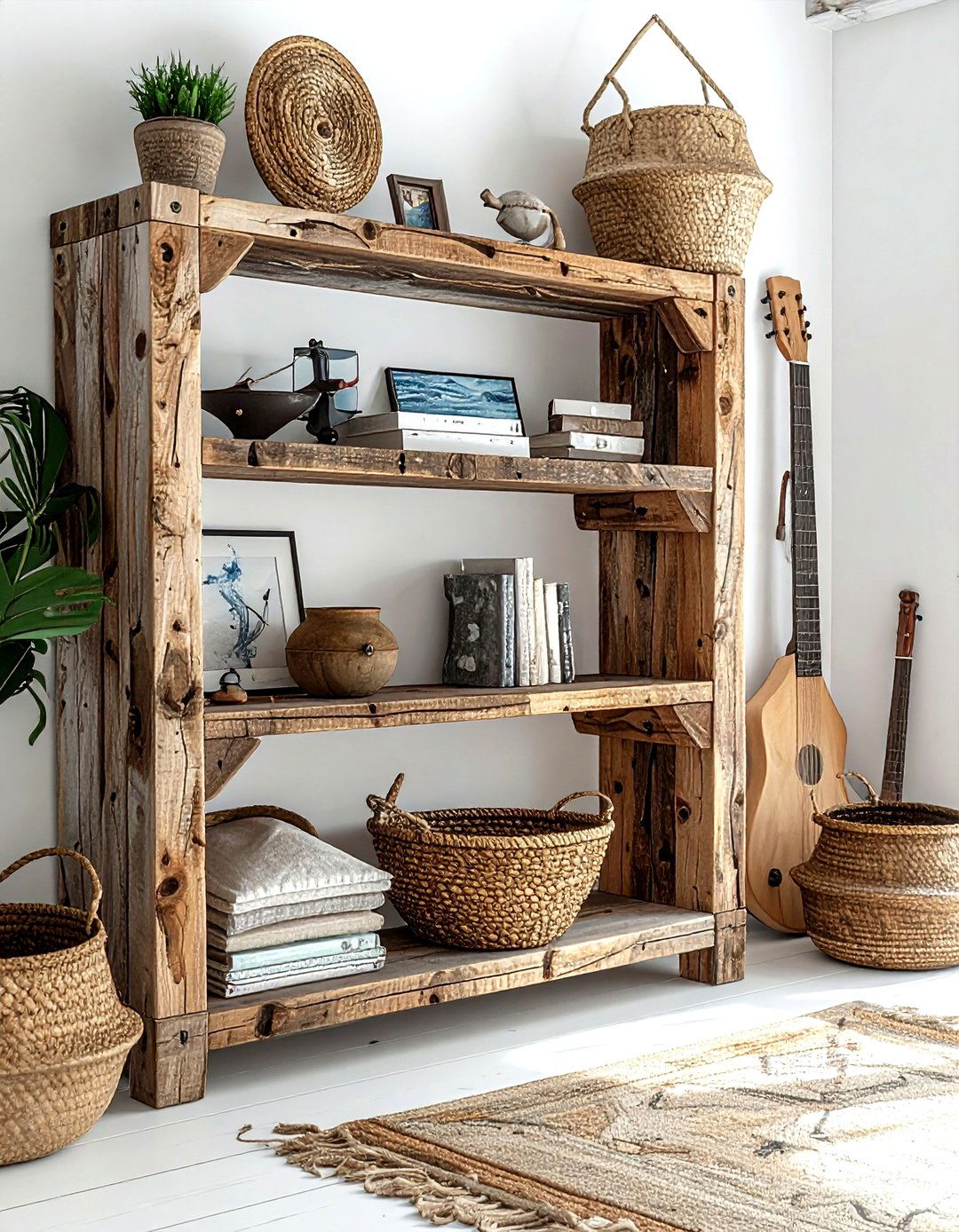 Reclaimed Wood Bookshelf - 30 living room beach furniture ideas