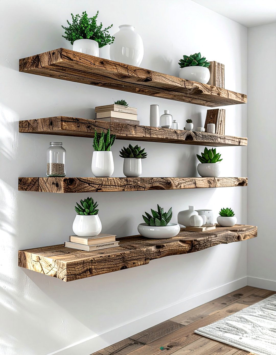 Reclaimed Wood Floating Shelves - 30 natural wood decor ideas