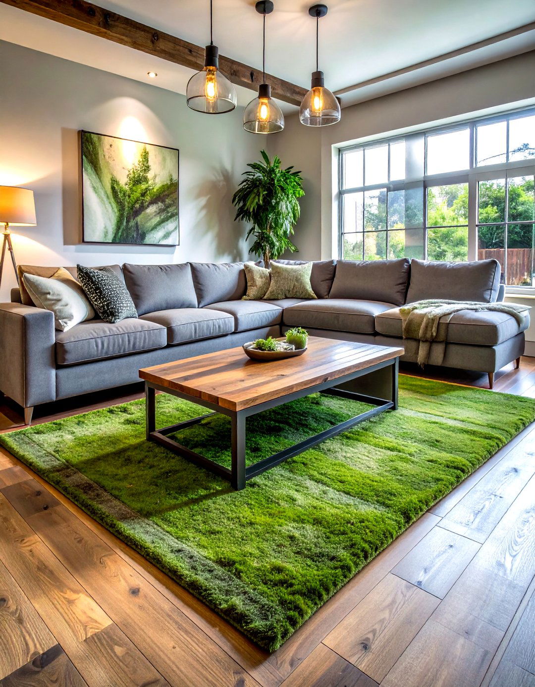 Reclaimed Wood Green Rug - 30 industrial green living room ideas