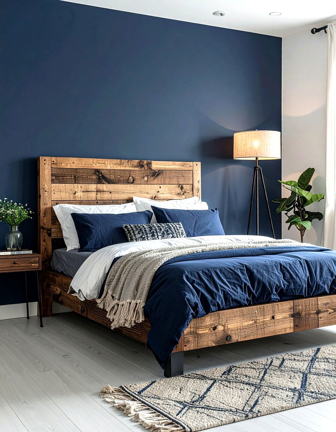 Reclaimed Wood Headboard Navy Wall - 30 industrial navy bedroom ideas