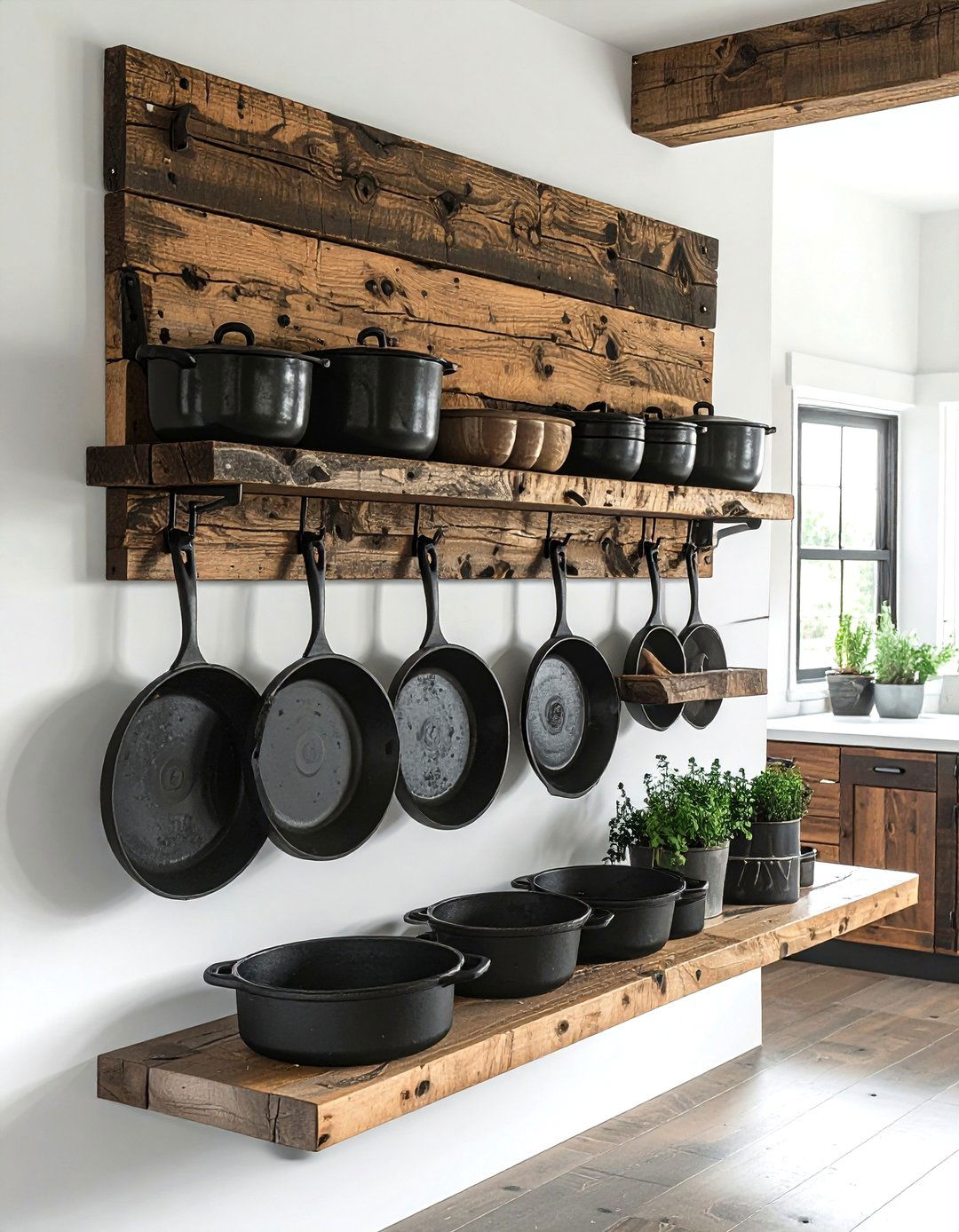 Reclaimed Wood Pot Rack - 30 wall pot rack kitchen ideas