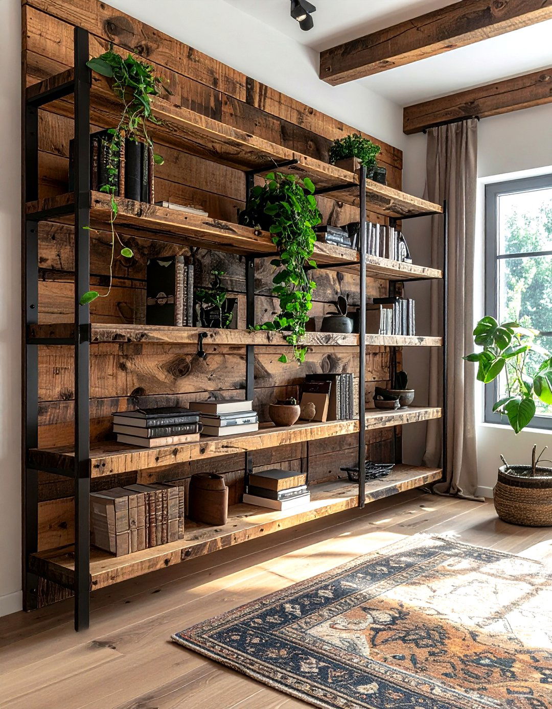 Reclaimed Wood Shelves - 30 bohemian black living room ideas