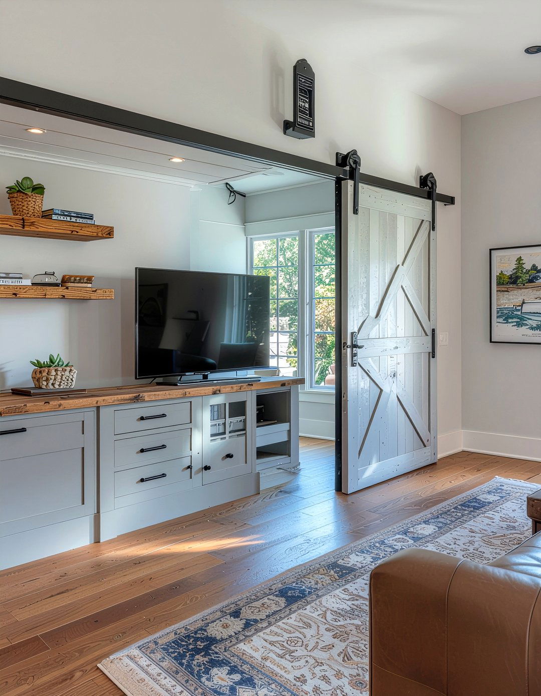 Reclaimed barn door media center - 30 living room salvaged furniture ideas