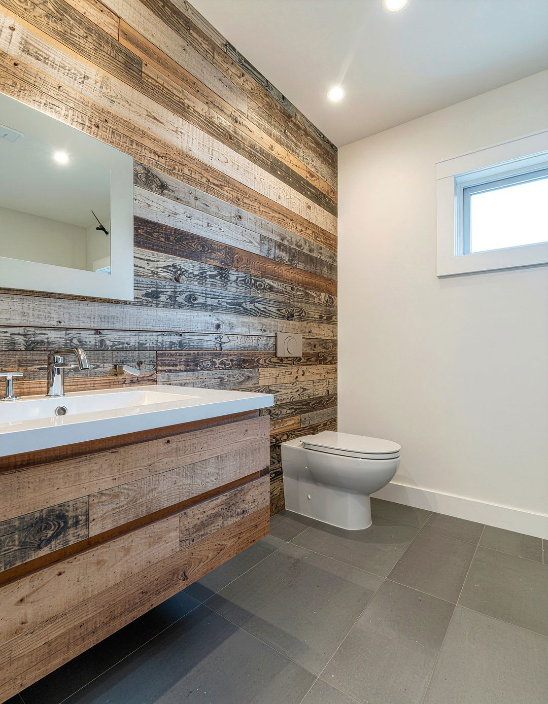 Reclaimed wood and porcelain tile - 30 bathroom material mixing ideas