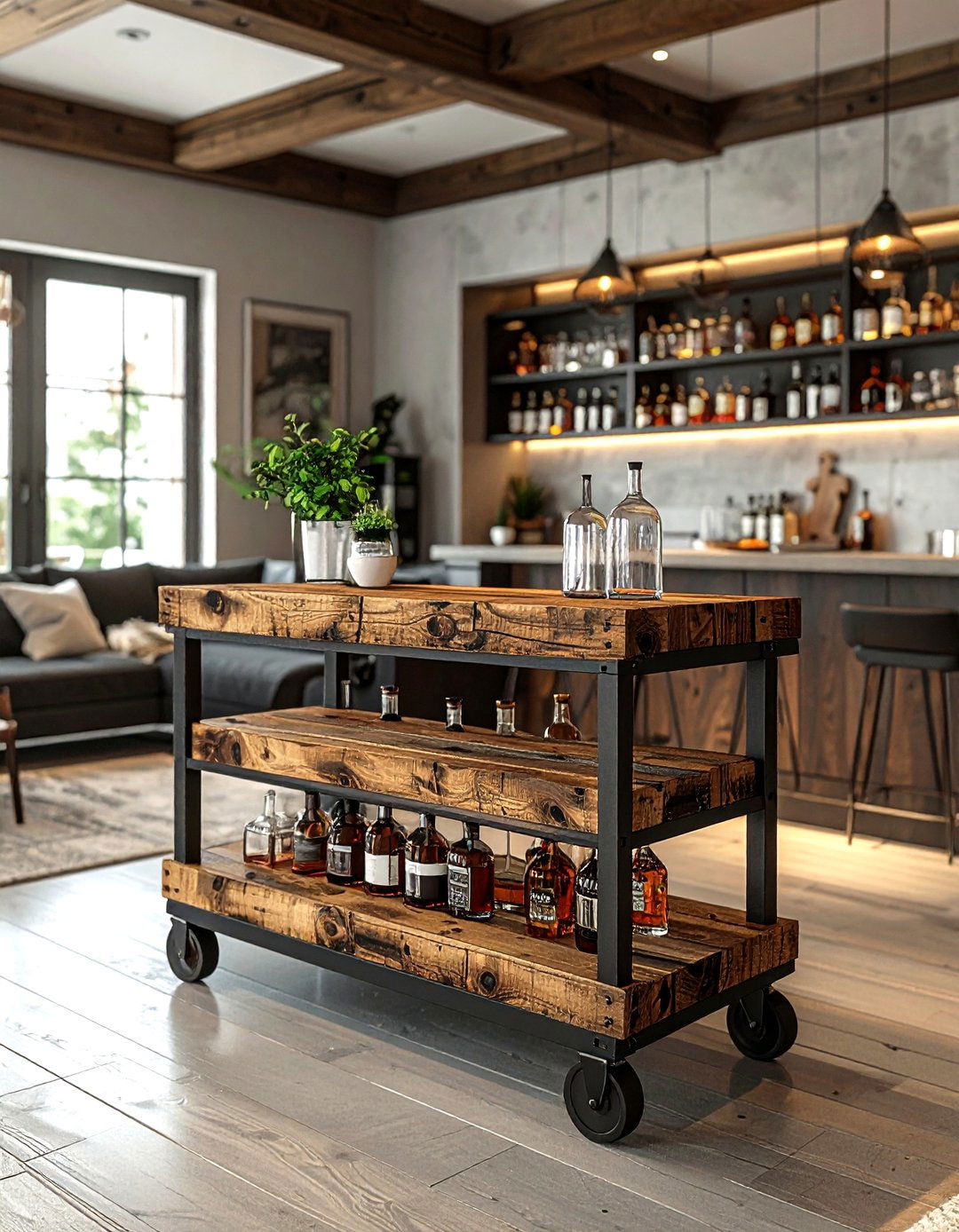 Reclaimed wood bar cart - 30 living room reclaimed furniture ideas