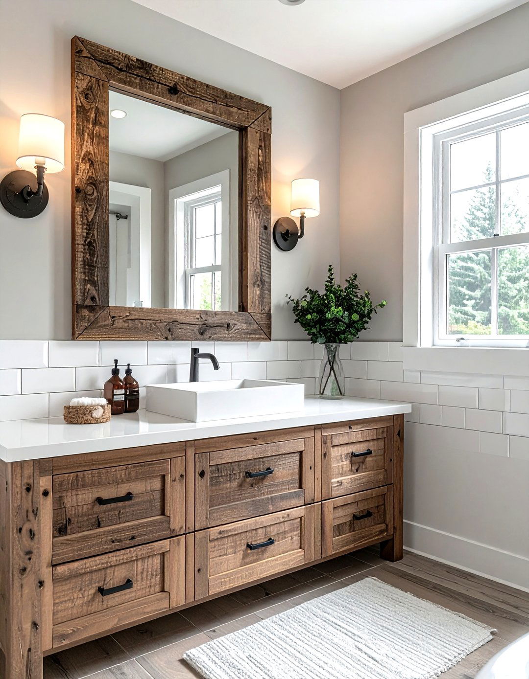 Reclaimed wood bathroom mirror - 30 brown and white bathroom ideas
