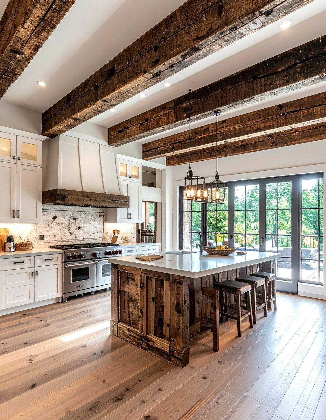Reclaimed wood ceiling beams - 30 rustic lodge kitchen ideas