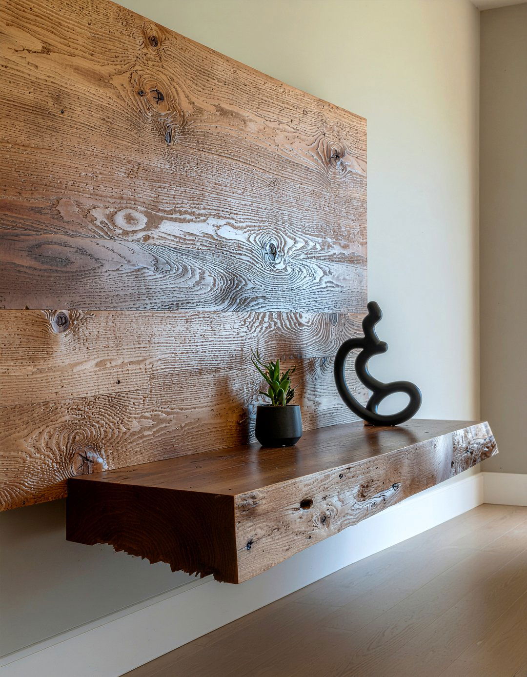 Reclaimed wood floating shelf - 30 living room salvaged furniture ideas