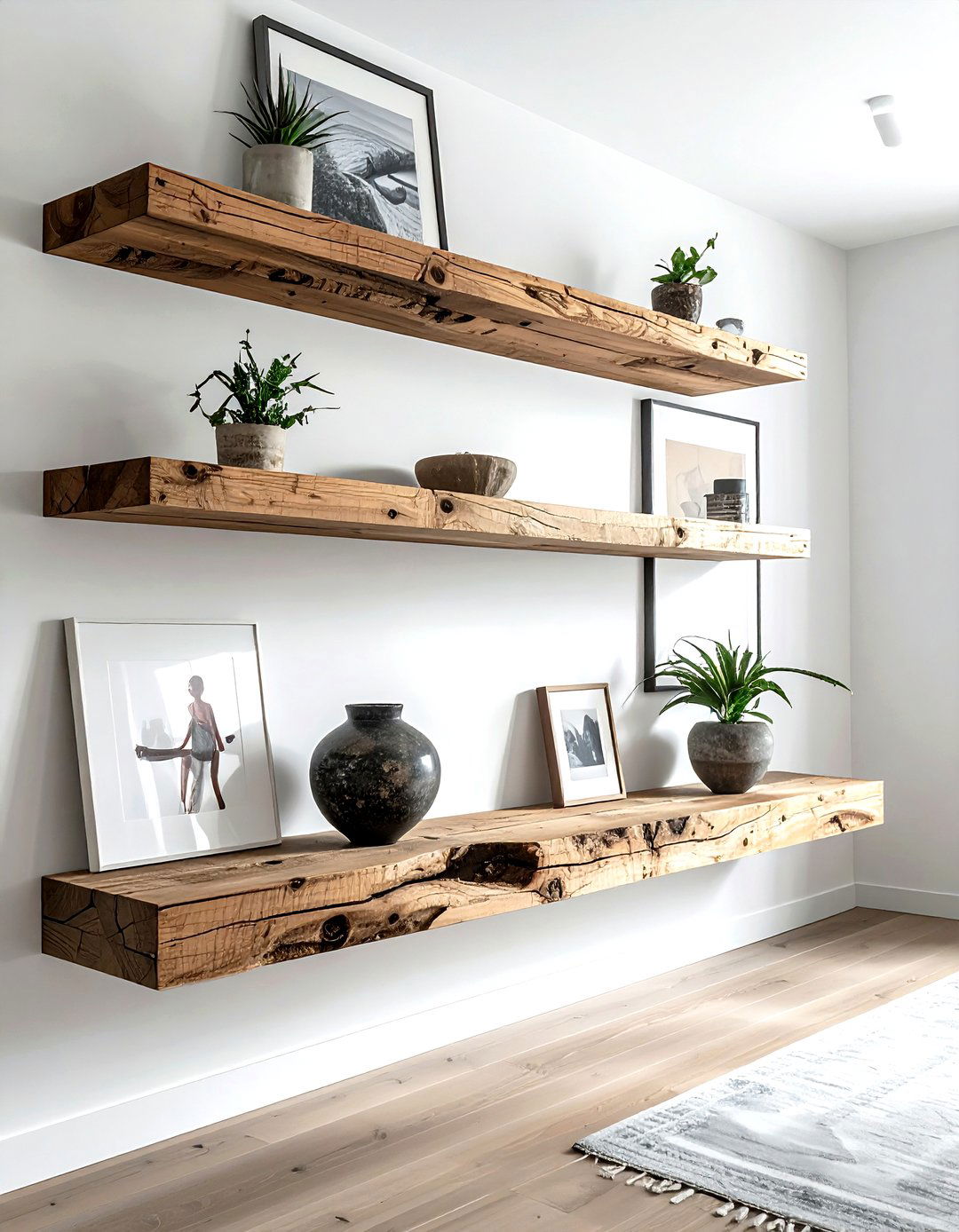 Reclaimed wood floating shelves - 30 living room reclaimed furniture ideas