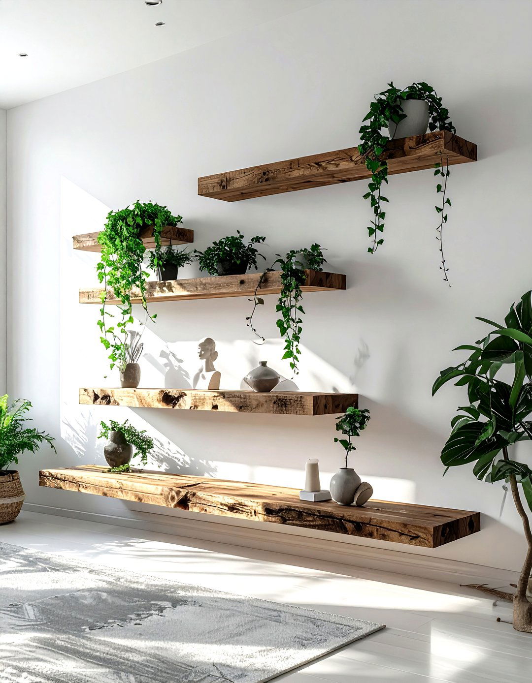 Reclaimed wood floating shelves - 30 living room reclaimed wood furniture ideas