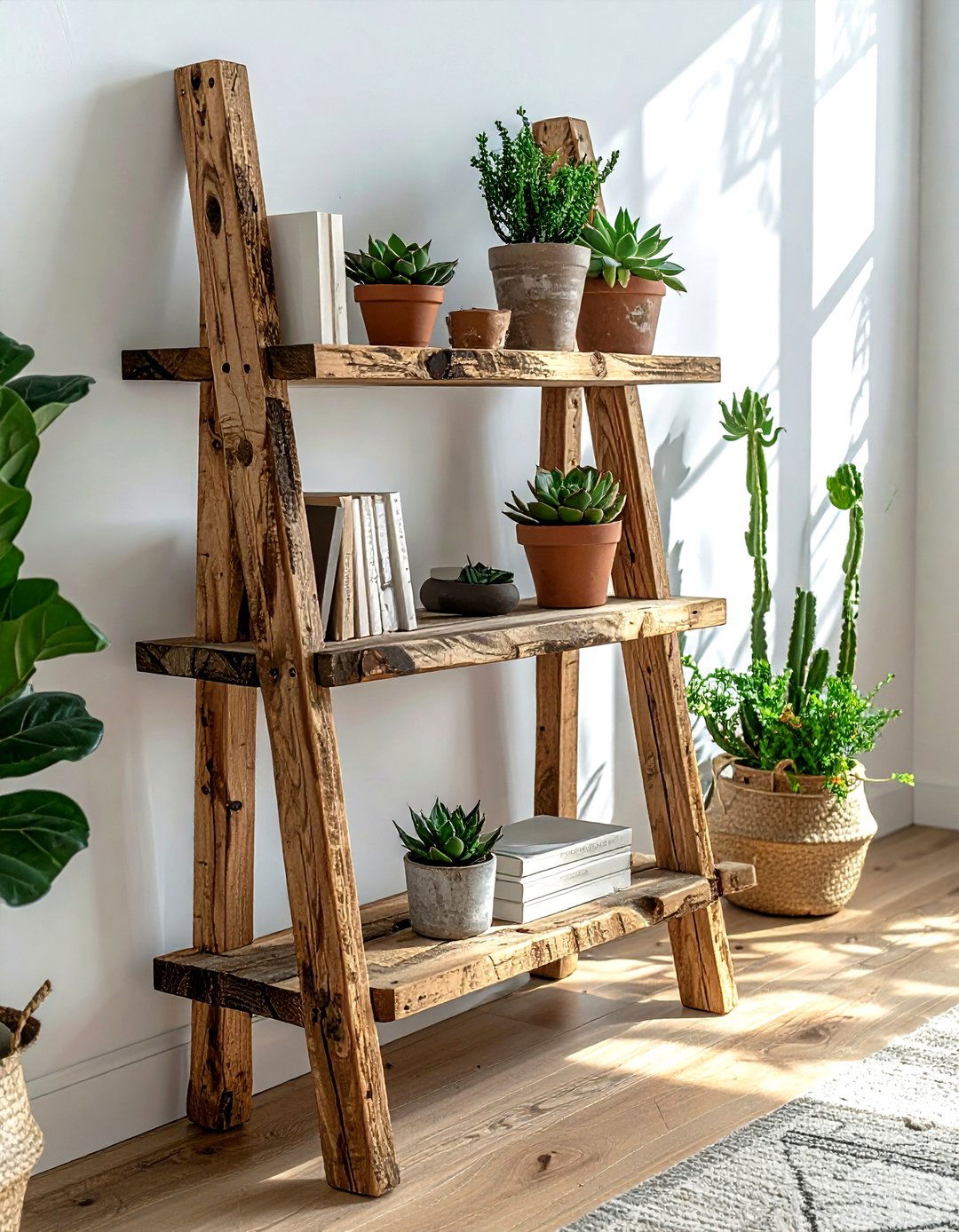 Reclaimed wood ladder shelf - 30 living room reclaimed wood furniture ideas