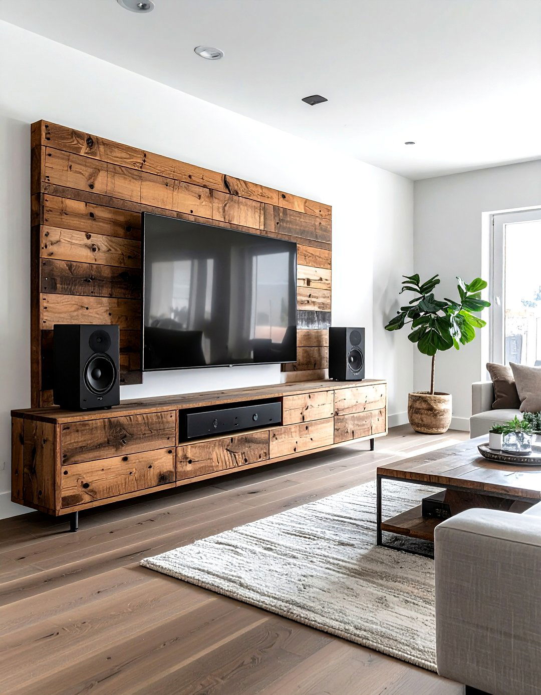 Reclaimed wood media console - 30 living room reclaimed wood furniture ideas