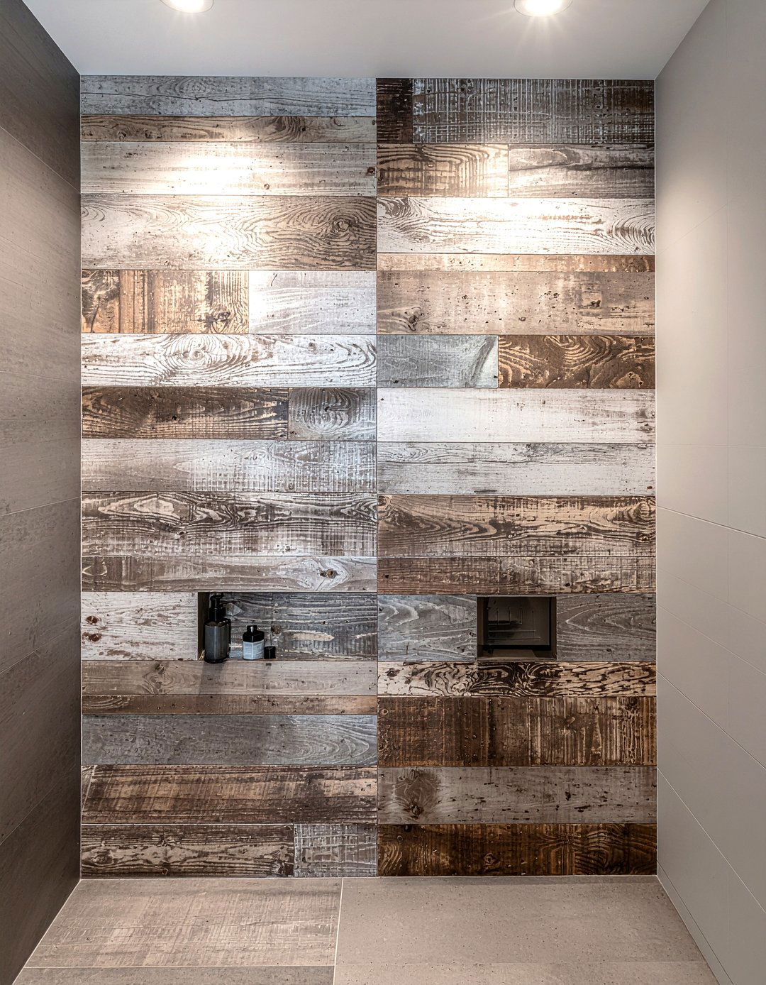 Reclaimed wood niche shelving - 30 reclaimed wood bathroom ideas