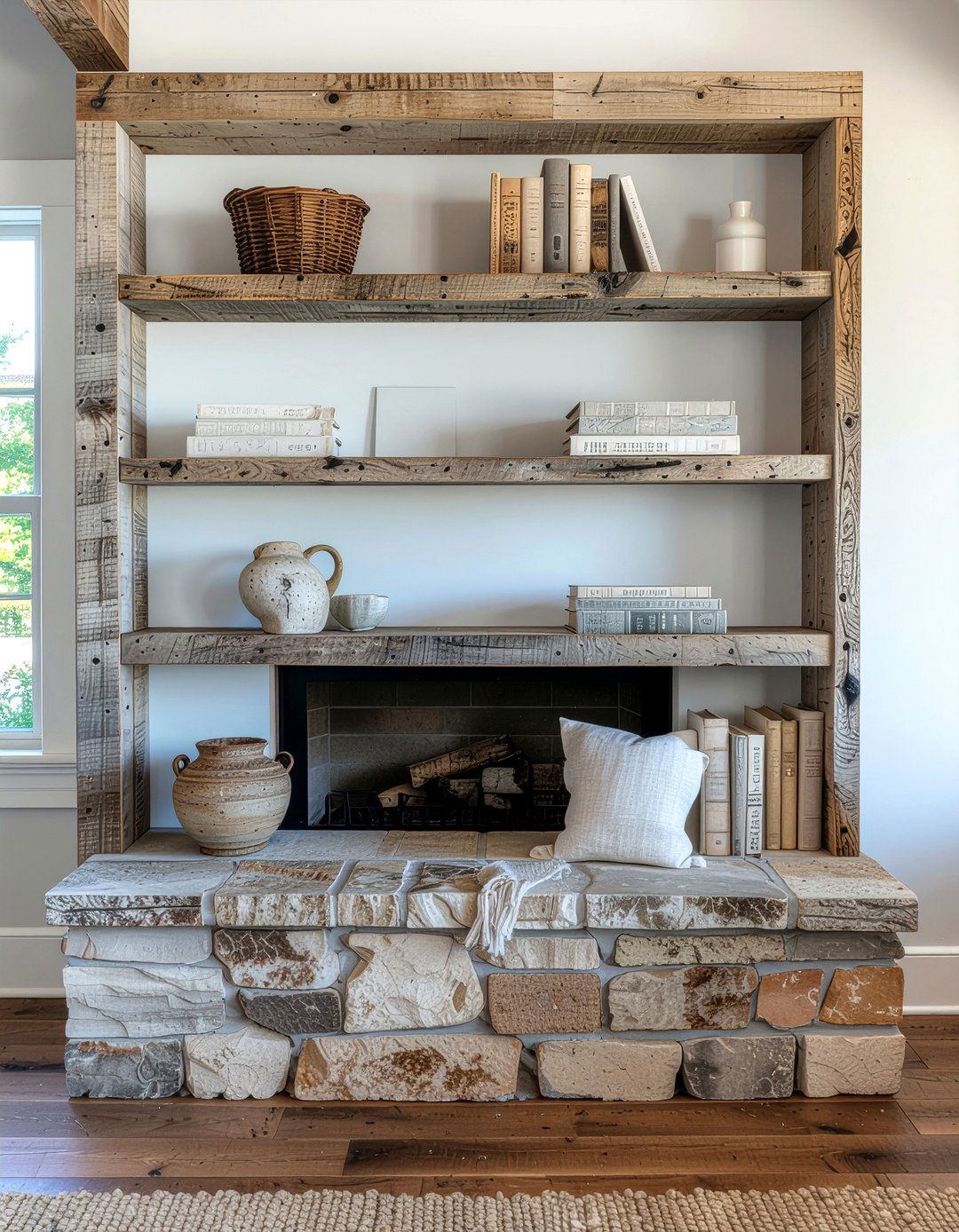Reclaimed wood rustic bookshelf - 30 living room bookshelf ideas