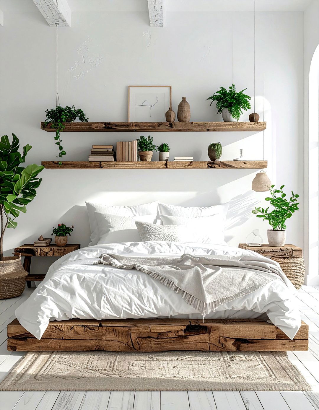 Reclaimed wood shelves - 30 bohemian white bedroom ideas
