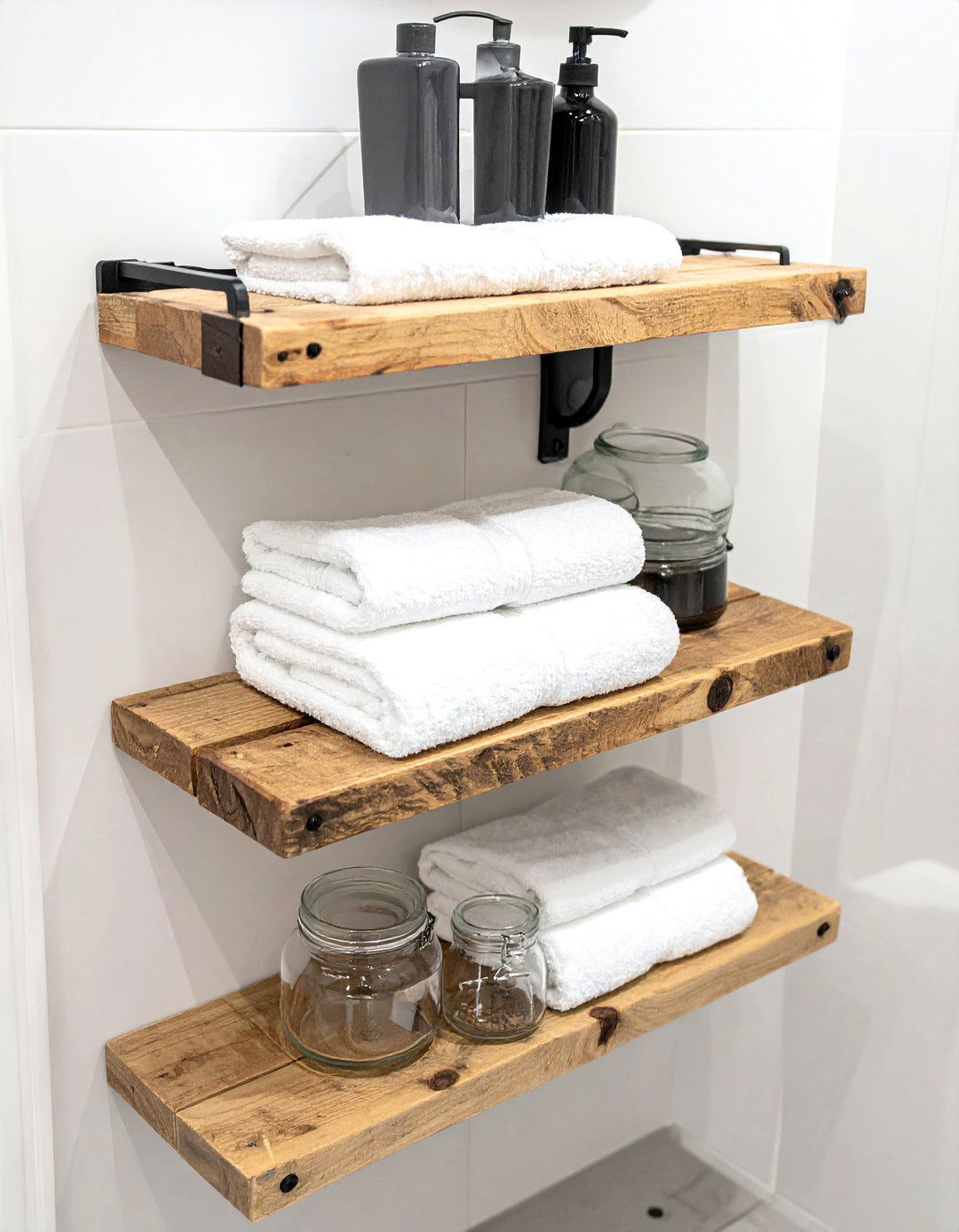 Reclaimed wood shelves - 30 Fixer Upper bathroom ideas