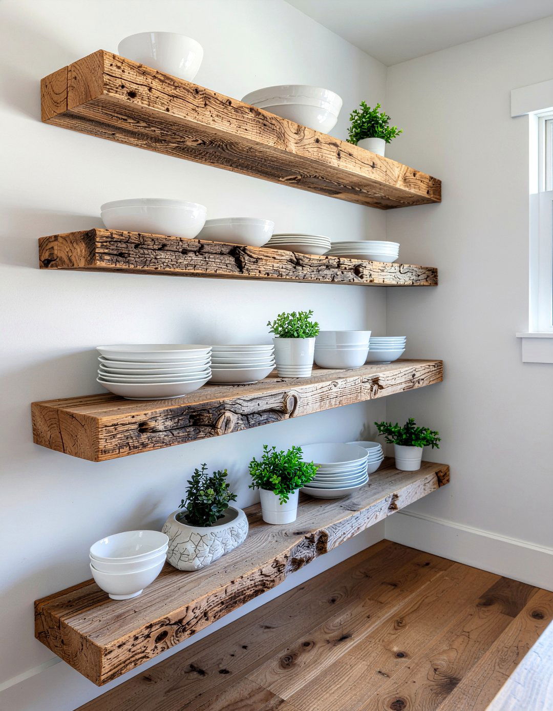 Reclaimed wood shelves - 30 restored dining room ideas