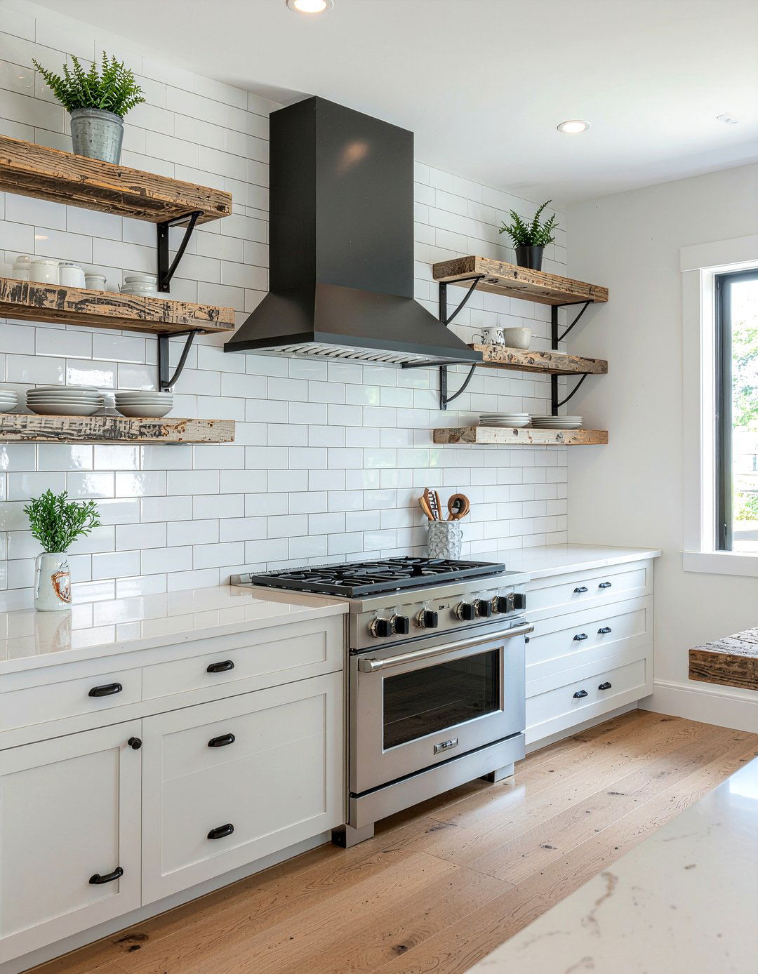 Reclaimed wood shelves on white tile - 30 open shelf backsplash kitchen ideas