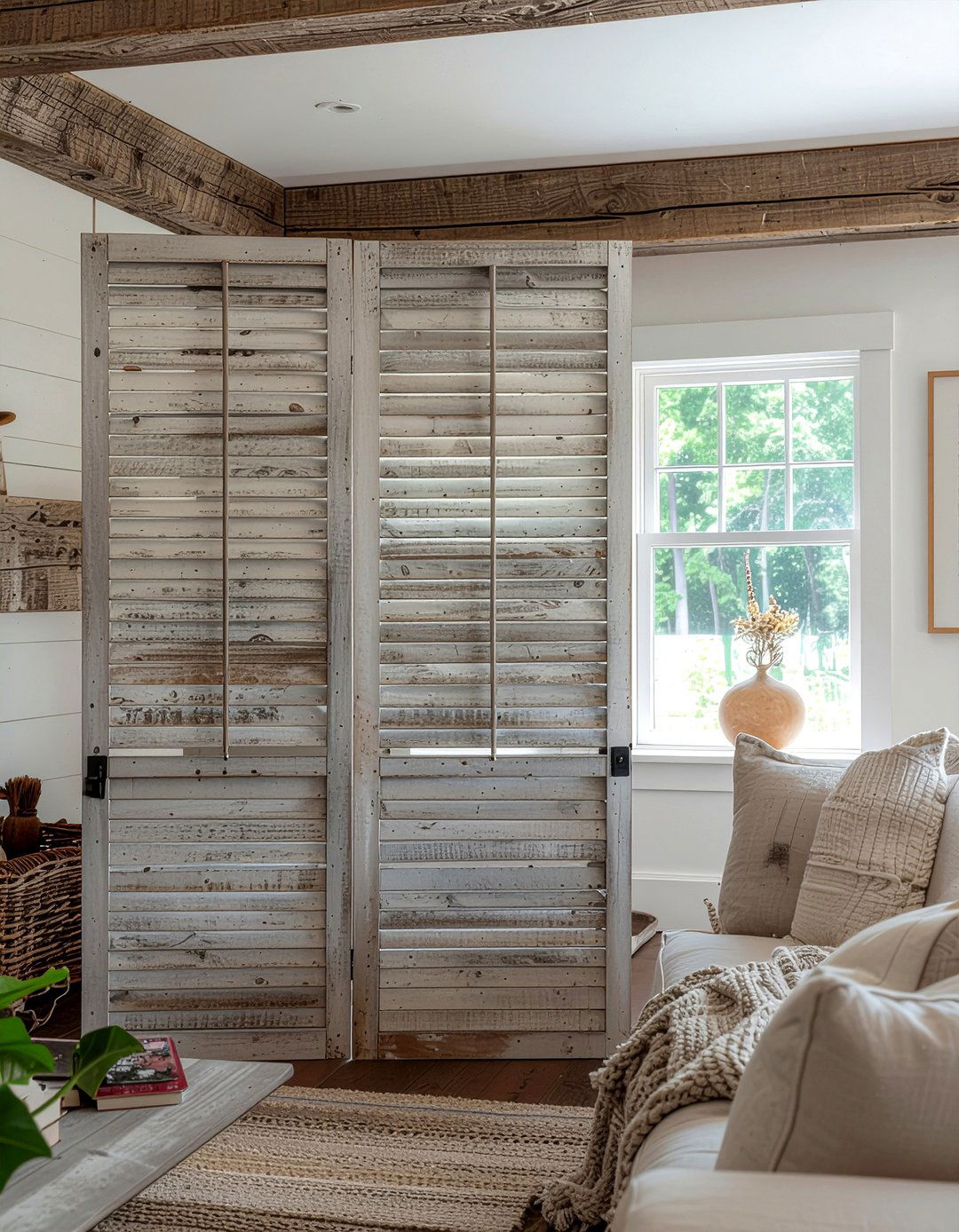 Reclaimed wood shutter screen - 30 living room screen ideas